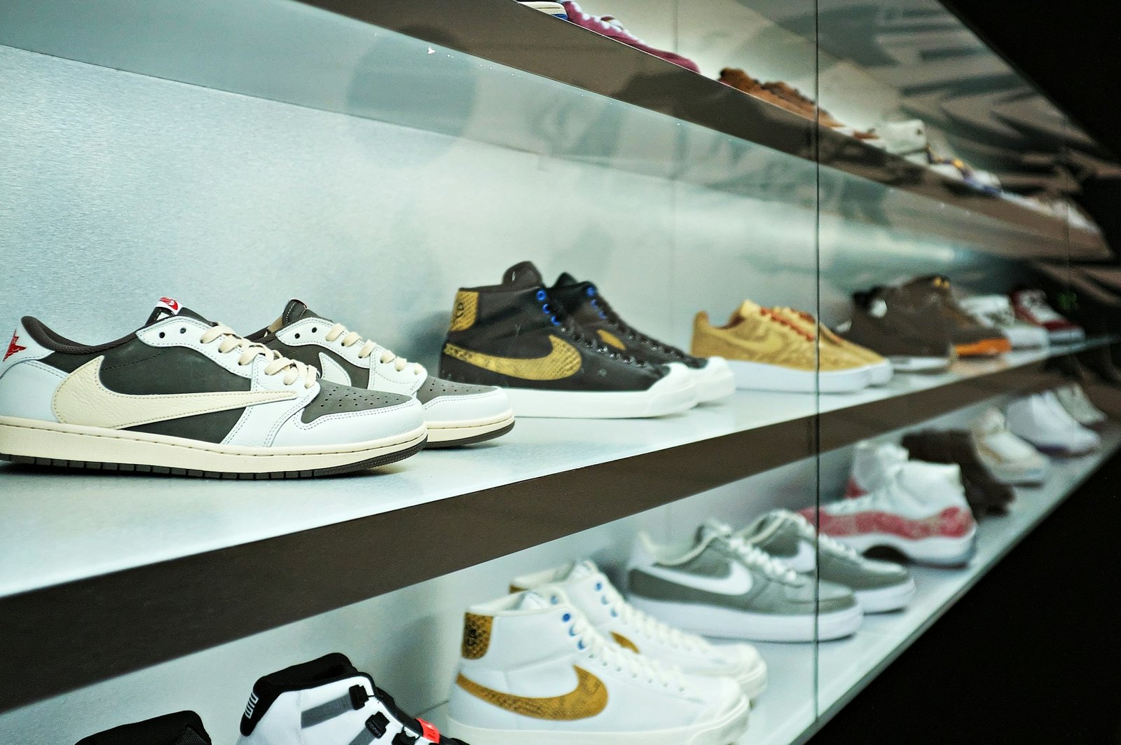 Row of sneakers on display in a store